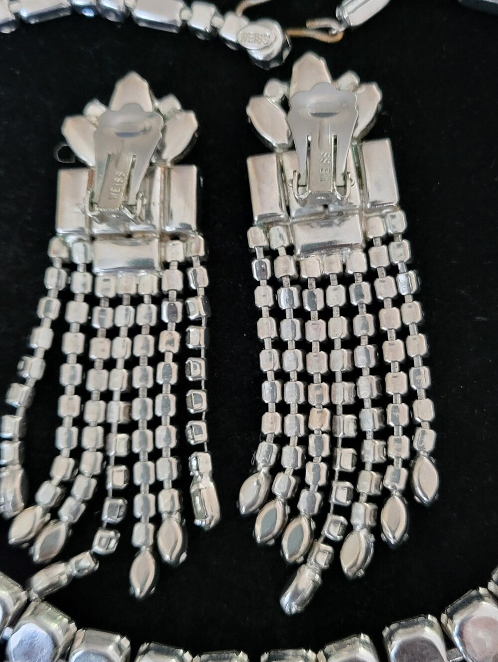 Vintage Weiss Silvertone Rhinestones  Statement Necklace and Tassel Earrings Set - Picture 5 of 8